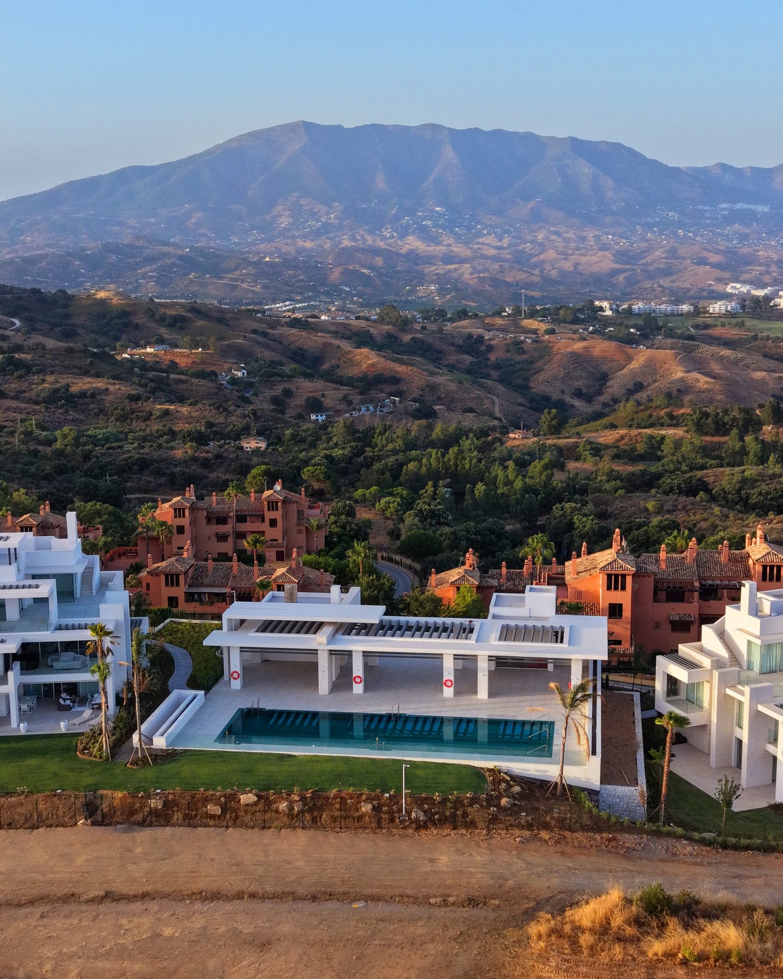 Aerial of villas in the hills
