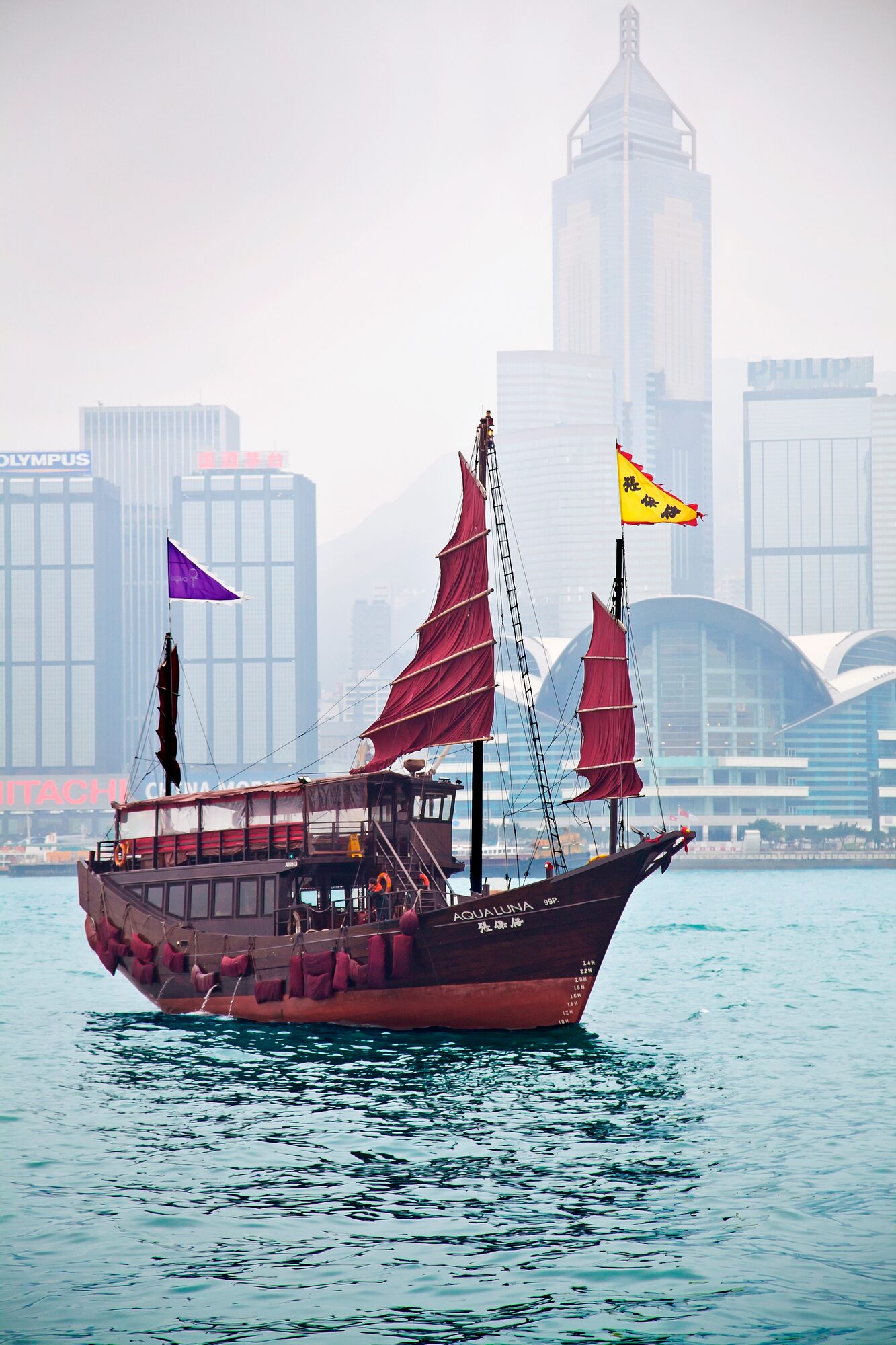 Red-sailed junk in Hong Kong